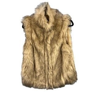 Top Shop Faux Fur Vest Gilet Neutral Tan Cream Size 4 High Neck Shaggy‎ NWT